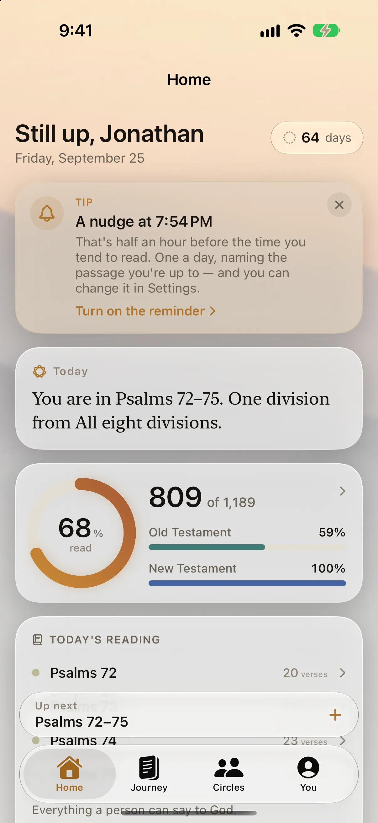 Home in BibleRing: the daily note, the progress ring at 68% and today’s reading, Psalms 72 to 75.