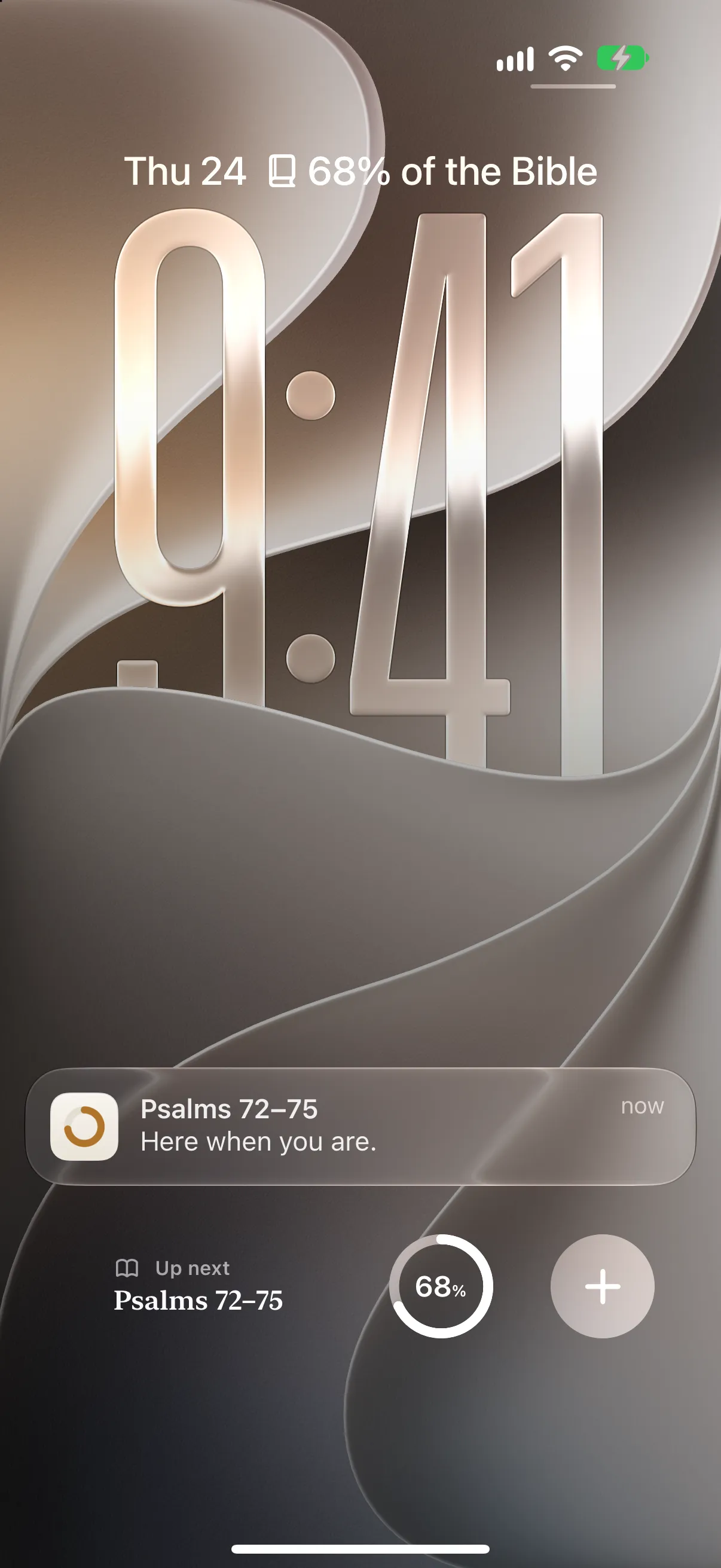 An iPhone Lock Screen with a BibleRing reminder for Psalms 72 to 75 and three widgets.