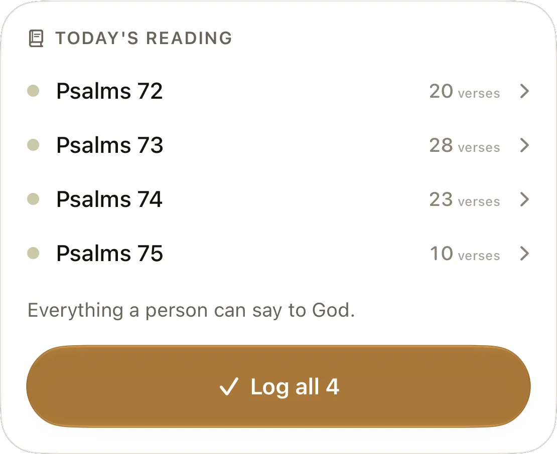 Today’s reading card: 2 Samuel 4, 5, 6 and 1 Corinthians 2, with a Log all 4 button.